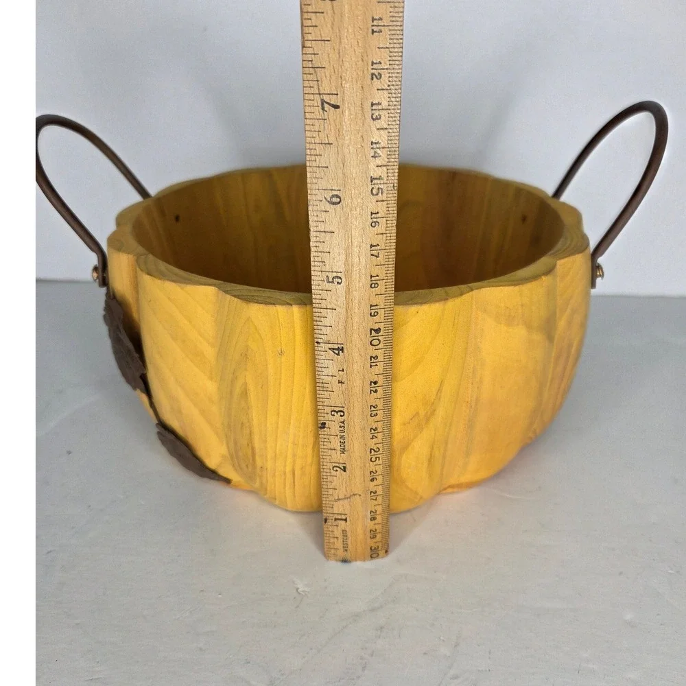 Pier 1 Rustic Wooden Pumpkin Bowl Scalloped Edge Metal Handles Harvest Fall